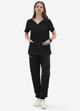 Load image into Gallery viewer, Women's Double-Layer V-Neck Scrub Top with 4 Pockets in Black