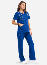 Load image into Gallery viewer, Women's Classic V-Neck Scrub Set with 7 Pockets in Blue