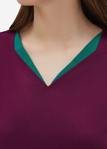 Women's Double-Layer V-Neck Scrub Top with 4 Pockets in Wine Red