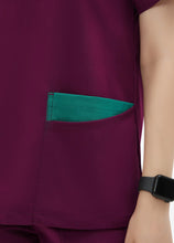 Load image into Gallery viewer, Women's Double-Layer V-Neck Scrub Top with 4 Pockets in Wine Red