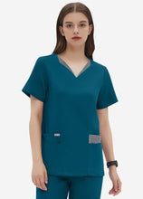 Load image into Gallery viewer, Women's Double-Layer V-Neck Scrub Top with 4 Pockets in Peacock Blue
