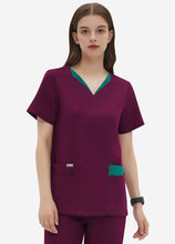 Load image into Gallery viewer, Women's Double-Layer V-Neck Scrub Top with 4 Pockets in Wine Red