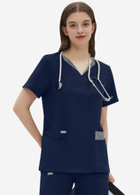 Load image into Gallery viewer, Women&#39;s Double-Layer V-Neck Scrub Top with 4 Pockets in Navy
