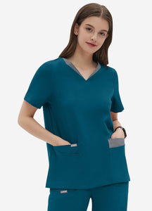 Women's Double-Layer V-Neck Scrub Top with 4 Pockets in Peacock Blue