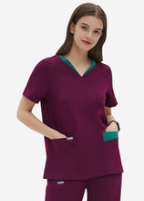 Load image into Gallery viewer, Women's Double-Layer V-Neck Scrub Top with 4 Pockets in Wine Red