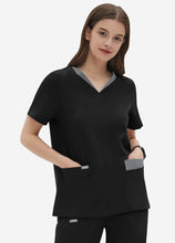 Load image into Gallery viewer, Women's Double-Layer V-Neck Scrub Top with 4 Pockets in Black