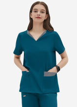 Load image into Gallery viewer, Women's Double-Layer V-Neck Scrub Top with 4 Pockets in Peacock Blue