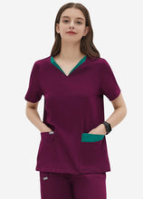 Load image into Gallery viewer, Women's Double-Layer V-Neck Scrub Top with 4 Pockets in Wine Red