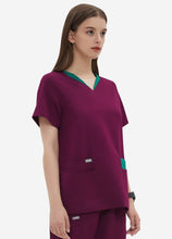 Load image into Gallery viewer, Women&#39;s Double-Layer V-Neck Scrub Top with 4 Pockets in Wine Red
