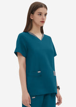 Load image into Gallery viewer, Women's Double-Layer V-Neck Scrub Top with 4 Pockets in Peacock Blue