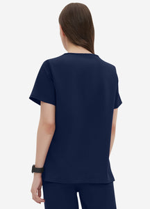 Women's Double-Layer V-Neck Scrub Top with 4 Pockets in Navy