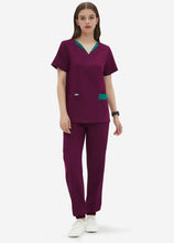 Load image into Gallery viewer, Women's Double-Layer V-Neck Scrub Top with 4 Pockets in Wine Red