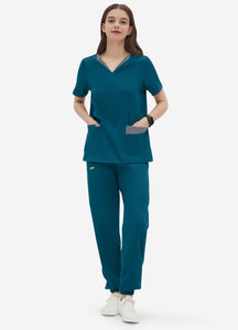 Women's Double-Layer V-Neck Scrub Top with 4 Pockets in Peacock Blue