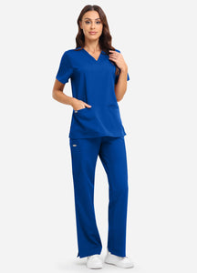 Women's Classic V-Neck Scrub Set with 7 Pockets in Blue