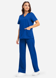 Women's Classic V-Neck Scrub Set with 7 Pockets in Blue