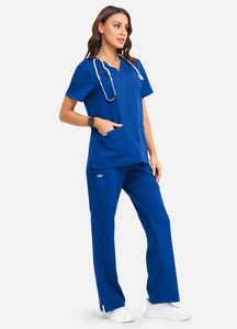 Women's Classic V-Neck Scrub Set with 7 Pockets in Blue