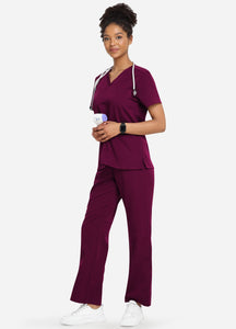 Women's Classic V-Neck Scrub Set with 7 Pockets in Wine Red