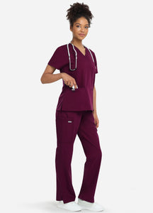 Women's Classic V-Neck Scrub Set with 7 Pockets in Wine Red