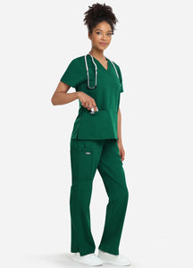 Women's Classic V-Neck Scrub Set with 7 Pockets in Forest Green