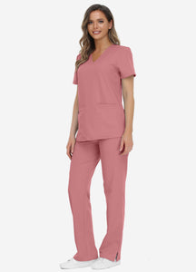 Women's Classic V-Neck Scrub Set with 7 Pockets in Pink