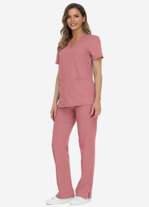 Women's Classic V-Neck Scrub Set with 7 Pockets in Pink