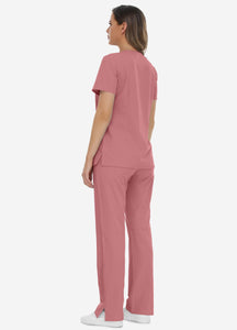 Women's Classic V-Neck Scrub Set with 7 Pockets in Pink