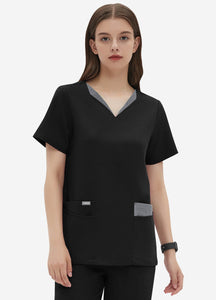 Women's Double-Layer V-Neck Scrub Top with 4 Pockets in Black