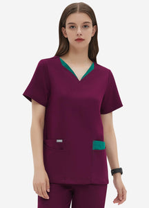 Women's Double-Layer V-Neck Scrub Top with 4 Pockets in Wine Red