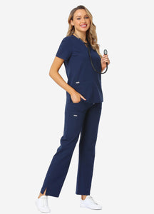 Women's Classic V-Neck Scrub Set with 7 Pockets in Navy
