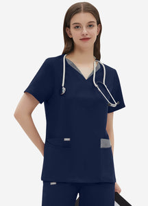 Women's Double-Layer V-Neck Scrub Top with 4 Pockets in Navy