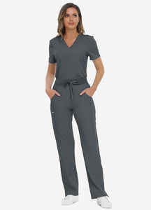 Women's Classic V-Neck Scrub Set with 7 Pockets in Grey