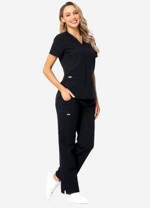 Women's Classic V-Neck Scrub Set with 7 Pockets in Black