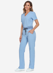 Women's Classic V-Neck Scrub Set with 7 Pockets in Ceil Blue