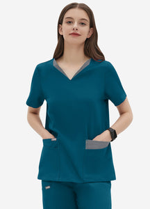 Women's Double-Layer V-Neck Scrub Top with 4 Pockets in Peacock Blue