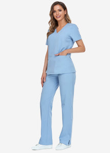 Women's Classic V-Neck Scrub Set with 7 Pockets in Ceil Blue