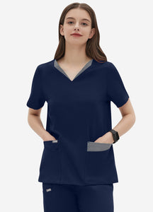 Women's Double-Layer V-Neck Scrub Top with 4 Pockets in Navy