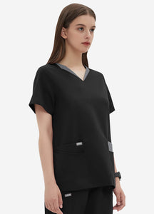 Women's Double-Layer V-Neck Scrub Top with 4 Pockets in Black