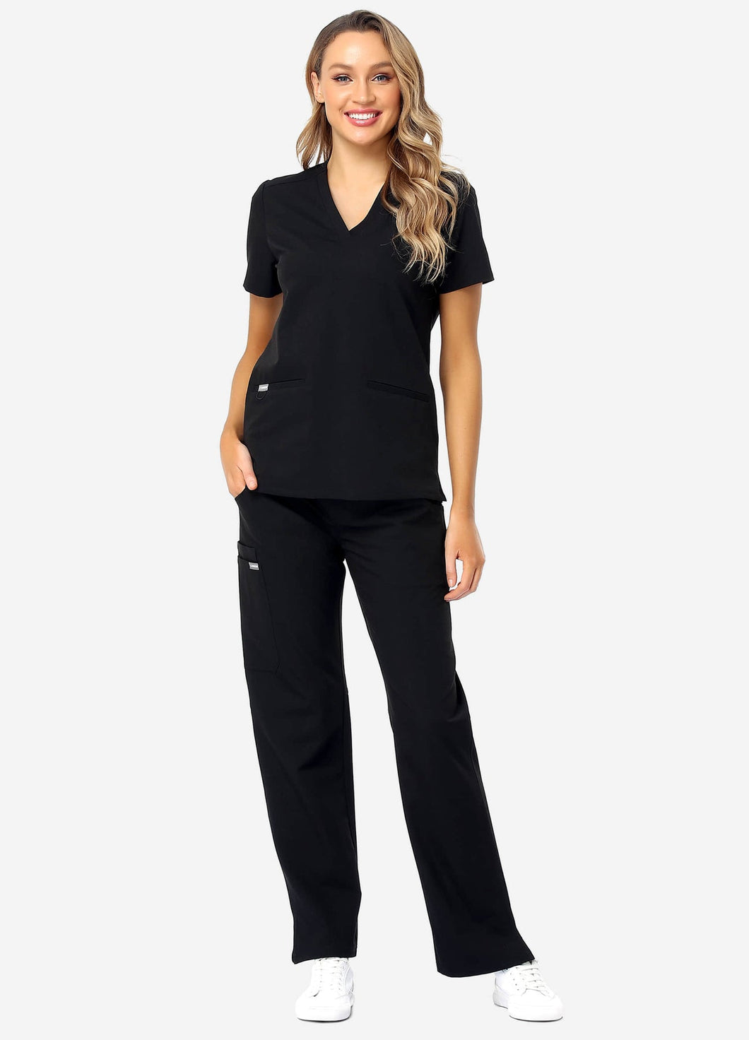 Women's Classic V-Neck Scrub Set with 7 Pockets in Black