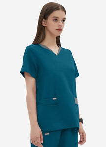 Women's Double-Layer V-Neck Scrub Top with 4 Pockets in Peacock Blue