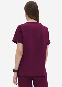 Women's Double-Layer V-Neck Scrub Top with 4 Pockets in Wine Red