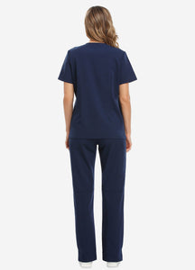 Women's Classic V-Neck Scrub Set with 7 Pockets in Navy