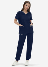 Load image into Gallery viewer, Women&#39;s Double-Layer V-Neck Scrub Top with 4 Pockets in Navy
