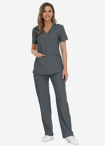 Women's Classic V-Neck Scrub Set with 7 Pockets in Grey