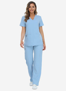 Women's Classic V-Neck Scrub Set with 7 Pockets in Ceil Blue