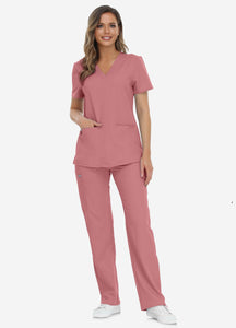 Women's Classic V-Neck Scrub Set with 7 Pockets in Pink
