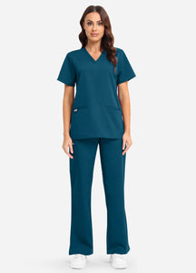 Women's Classic V-Neck Scrub Set with 7 Pockets in Peacock Blue