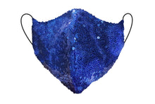Load image into Gallery viewer, Blue Sequin Fitted Face Mask With Filter Pocket
